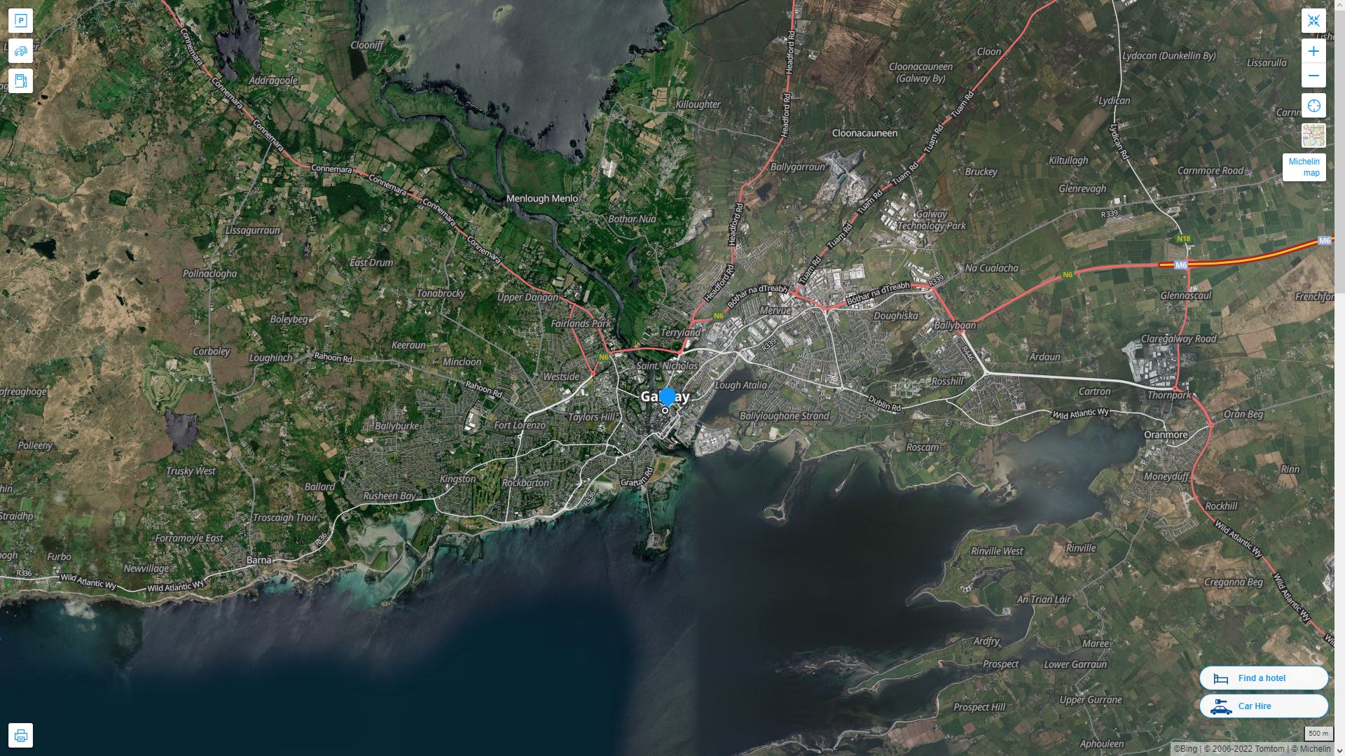 Galway Irlande Autoroute et carte routiere avec vue satellite
